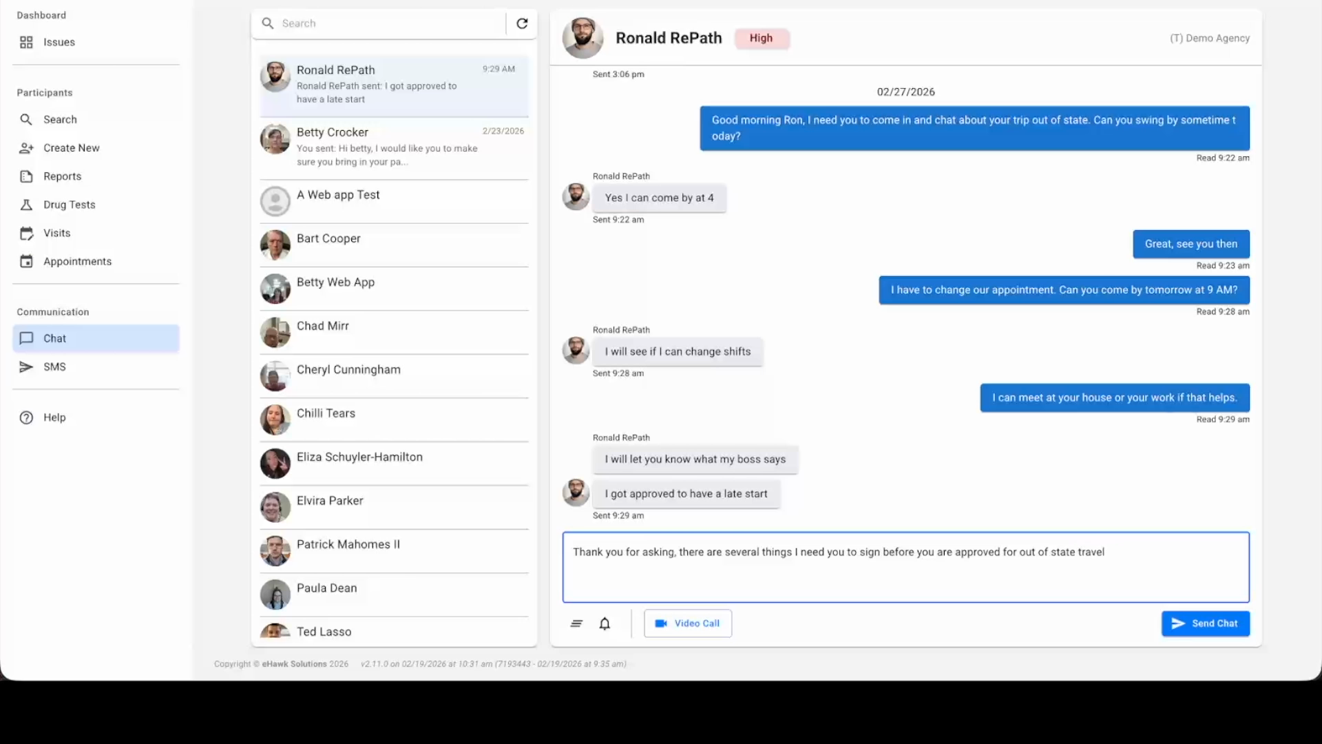 RePath Centralized Communications desktop showing conversation list with participant message threads, automated reminders, and complete interaction history