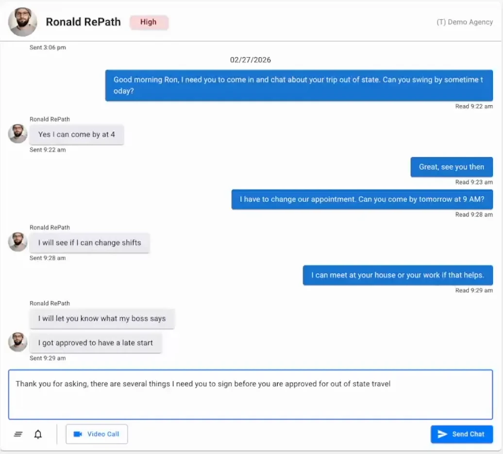 RePath chat between an officer and a participant rescheduling an appointment