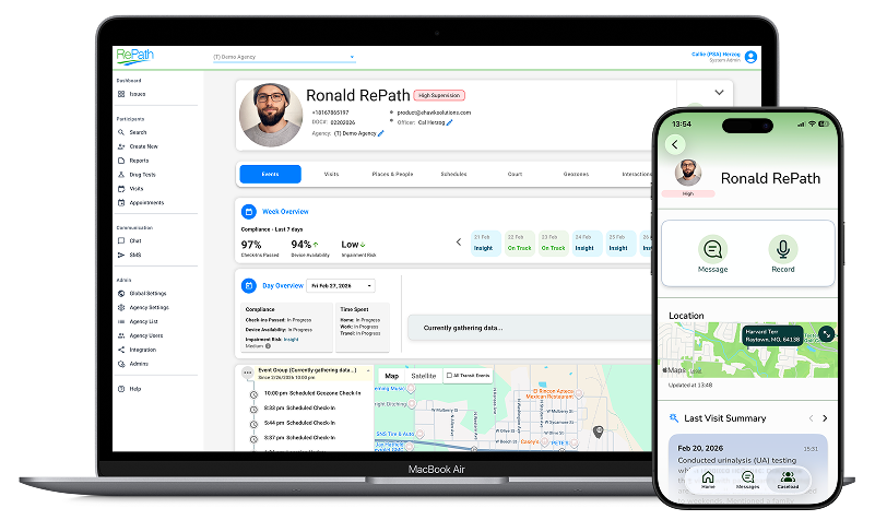 RePath supervision platform showing officer dashboard with caseload overview, risk indicators, and participant location on mobile
