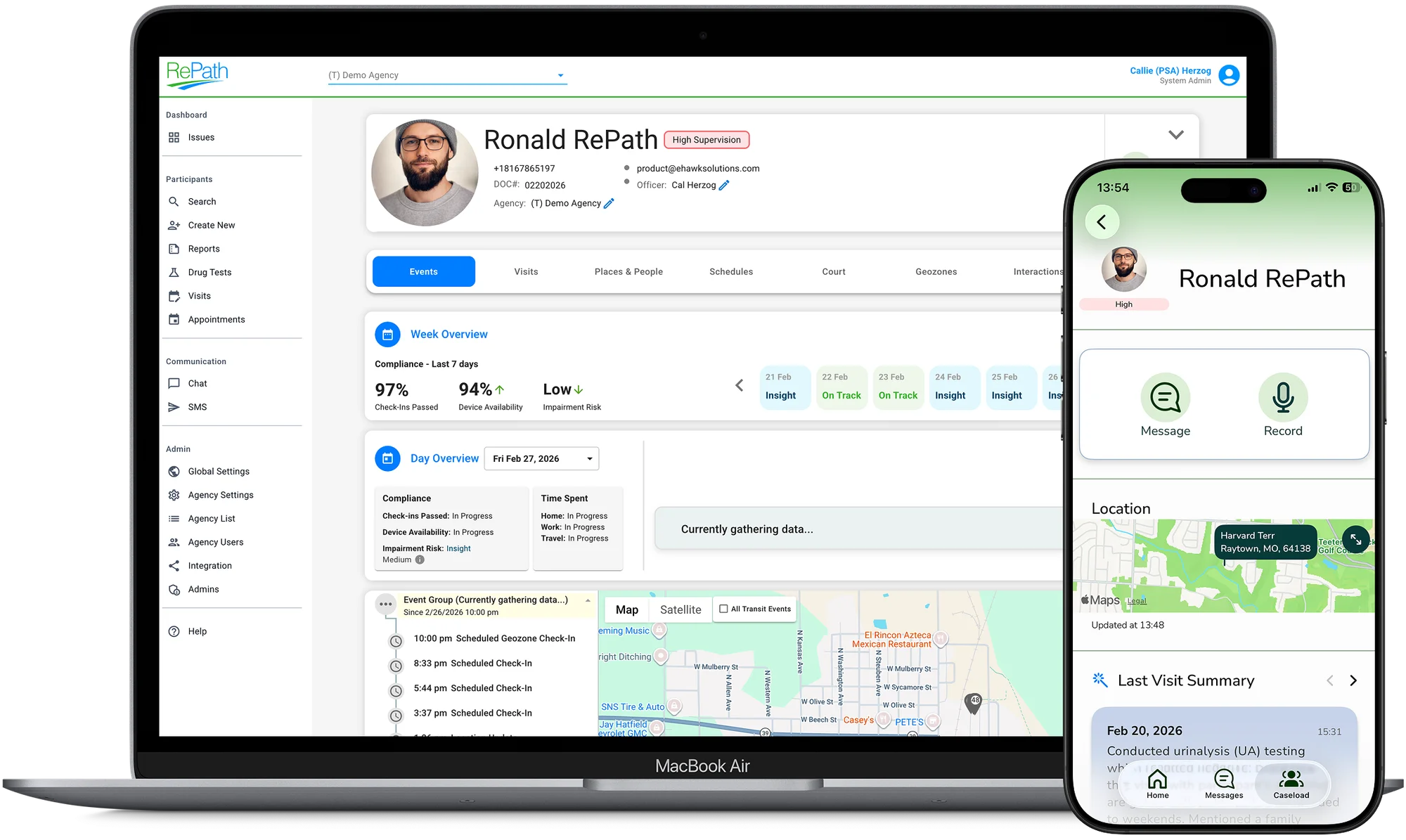 RePath supervision platform showing officer dashboard with caseload overview, risk indicators, and participant location on mobile