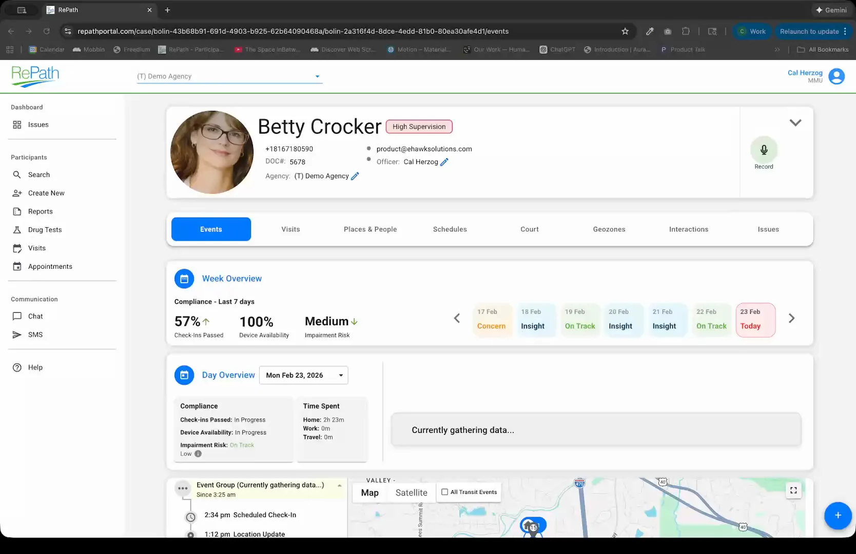 RePath IQ desktop dashboard showing participant overview with compliance data, risk indicators, weekly trends, and location map