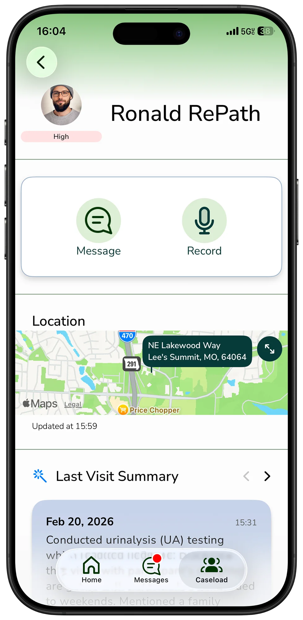 The RePath participant app on a phone, with message and record buttons and the last visit summary, on demo data