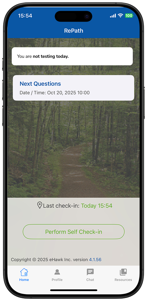 RePath participant screen showing not testing today with next questions schedule and self check-in option