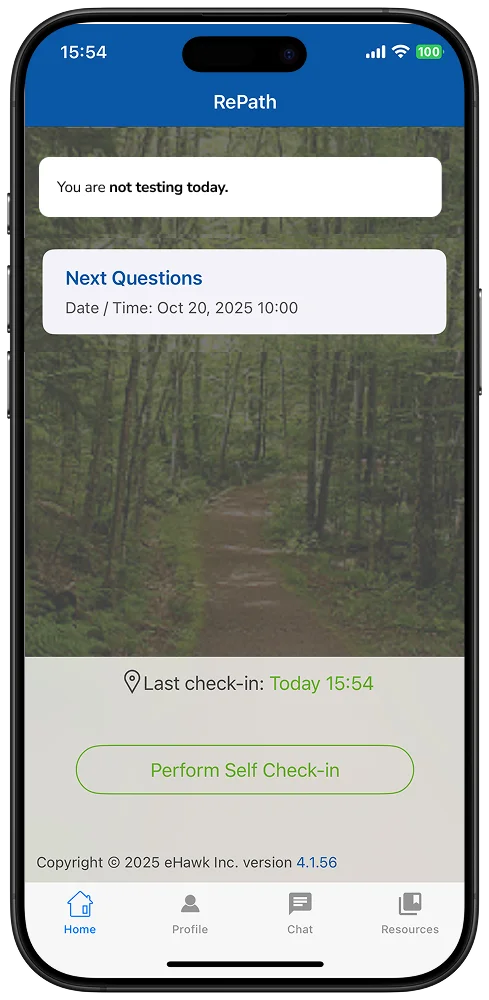 RePath participant app home screen with a self check-in button