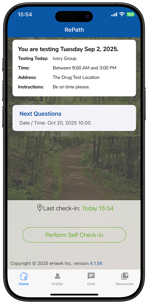 RePath participant screen showing drug test scheduled today with testing group, time window, location, and instructions