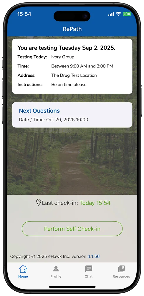 RePath participant screen showing a scheduled drug test with time window and location