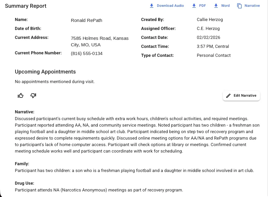 Visit Assist summary report with the drafted narrative and an Edit Narrative button