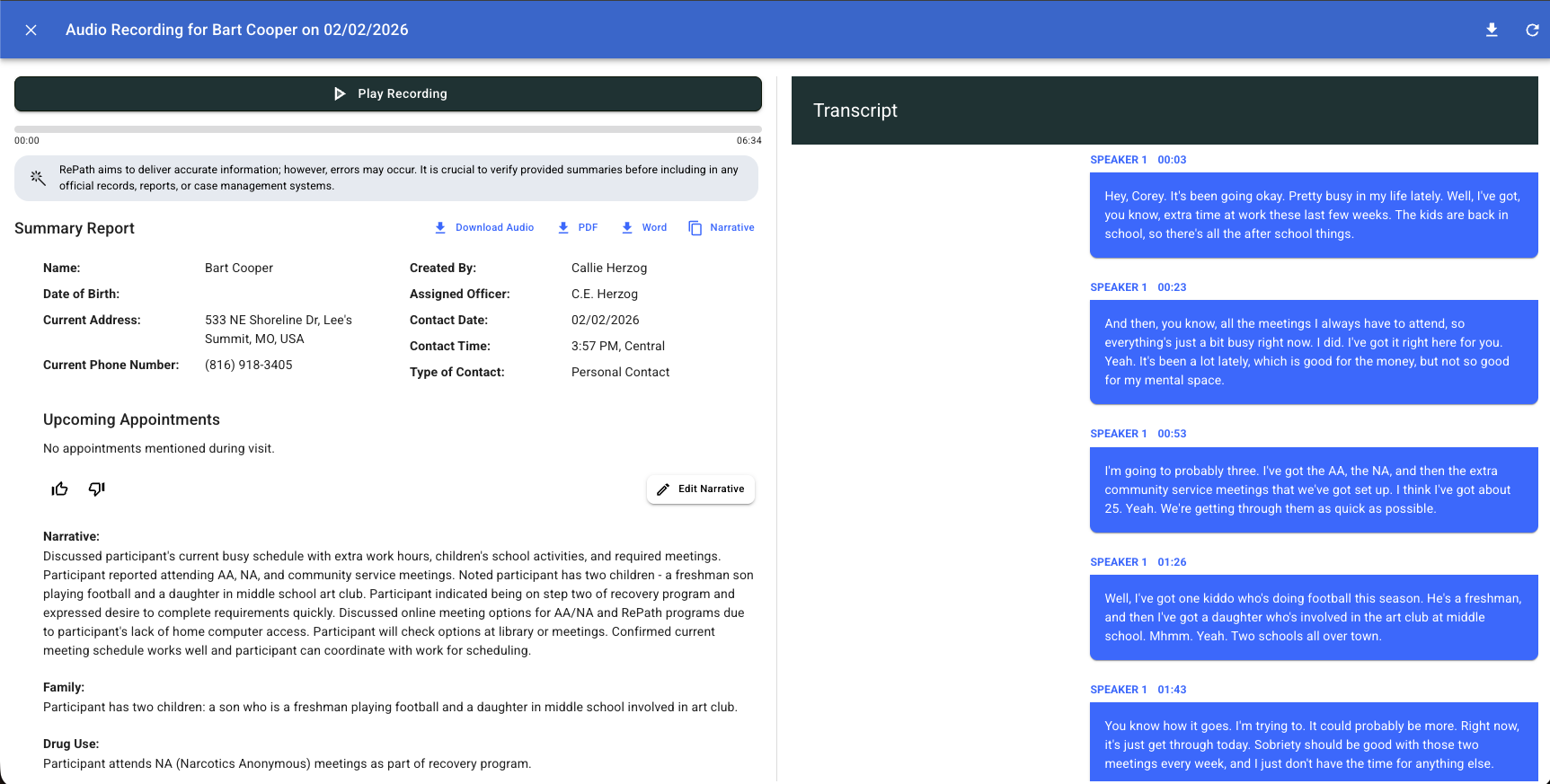 RePath Visit Assist desktop showing AI-generated summary report for probation officers